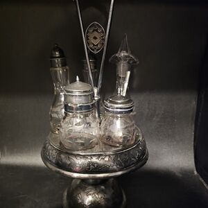 Antique Victorian Silver Plate Footed Condiment Rotating Caddy Etched Glass‎